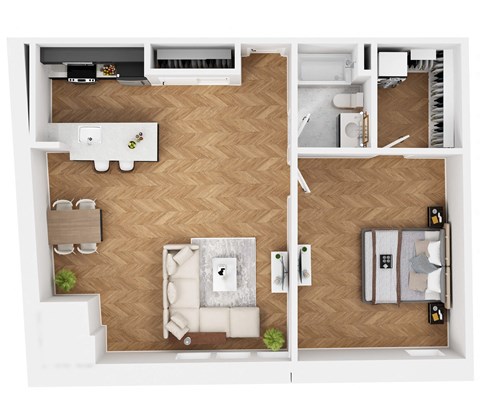 Floor plan for 1 bed, 1 bath, 878 sqft